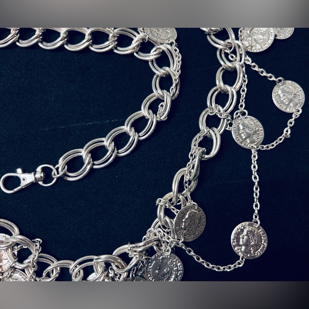 Vintage Silver Tone Coin Chain Link Belt - Picture 8 of 10